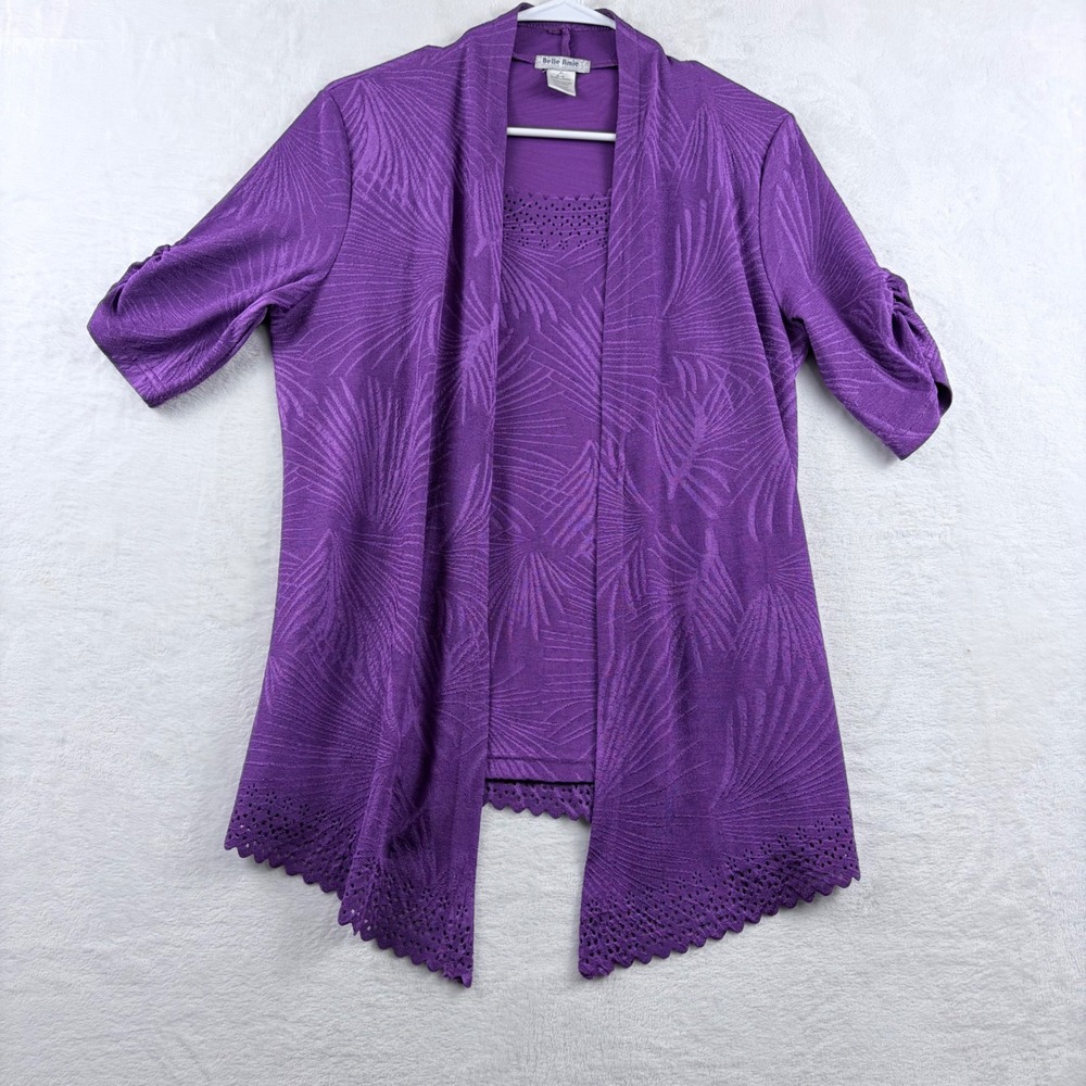 Belle Amie Purple Textured Cardigan Set Eyelet Hem‎ Lightweight Women's M